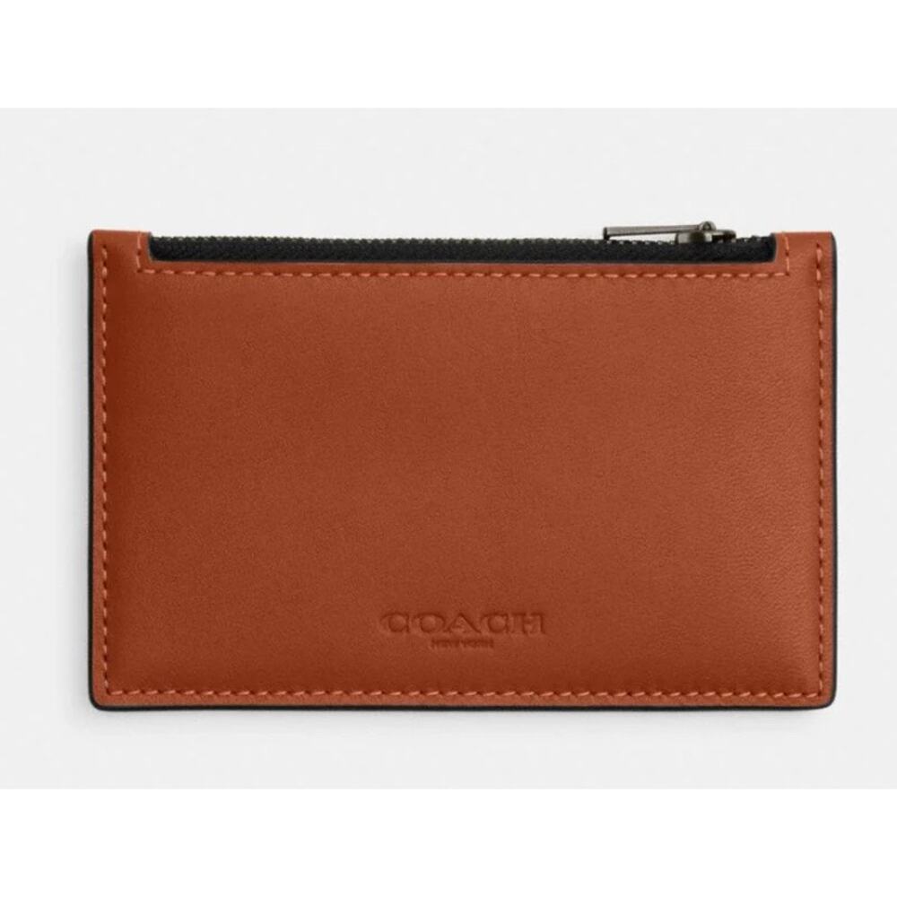 Coach Zip Card Case Smooth Leather-Gunmetal-Tan NWT
